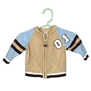 Carter's | Infant Boys Football Letterman Blue Tan Zip Knit Cardigan Sweater 0-3